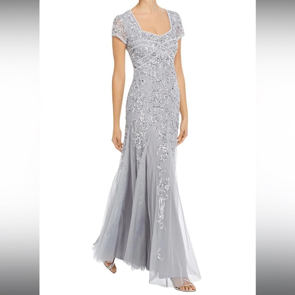 Adriana Papell Embellished Gown Silver Mist
